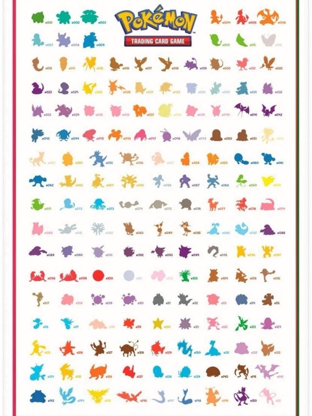 Pokemon Unfolded English 151 Color Chart Poster - Blue Green Yellow Red Purple